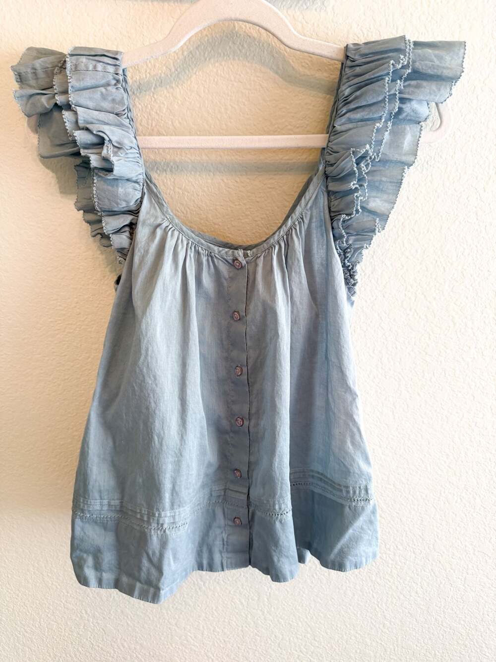 THE GREAT. The Dove Ruffle Sleeve blue Blouse